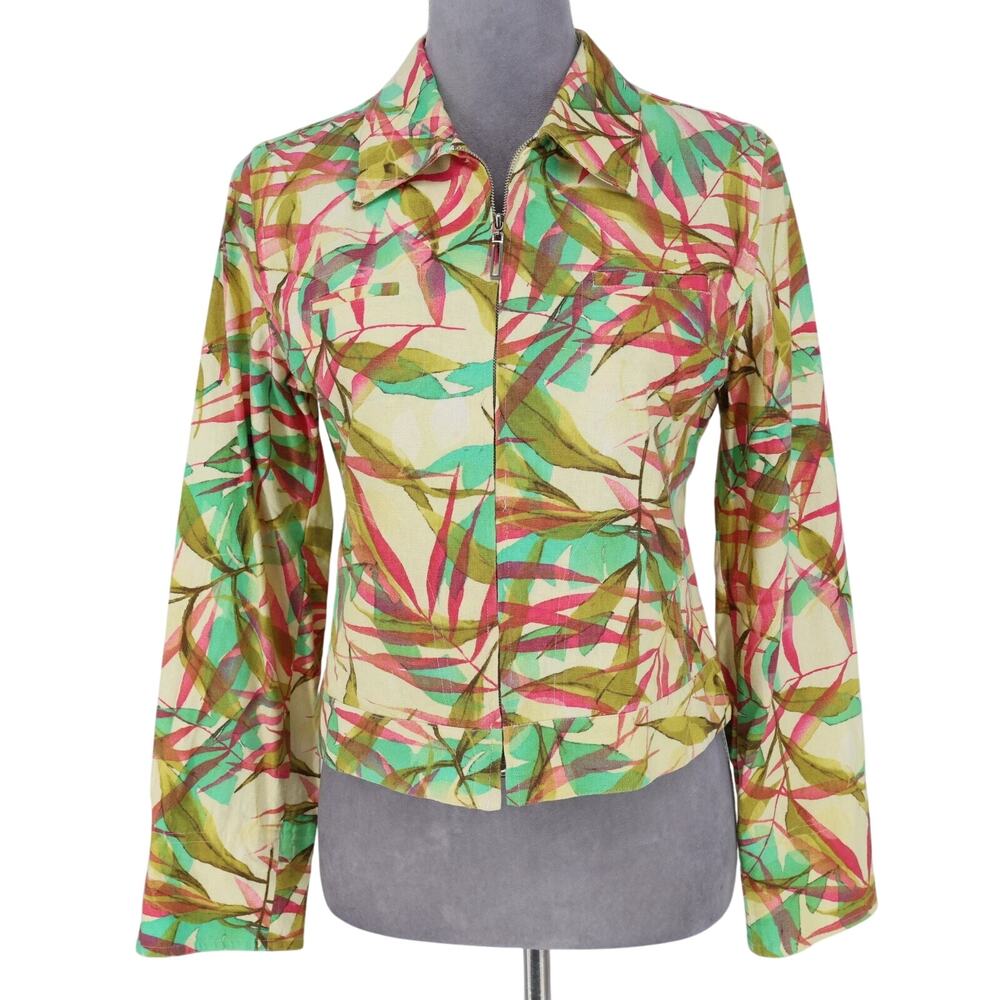John Meyer Jacket Womens 4 Yellow Floral Print Linen Blend Stretch Full Zip
